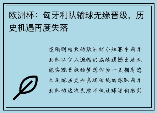 欧洲杯：匈牙利队输球无缘晋级，历史机遇再度失落